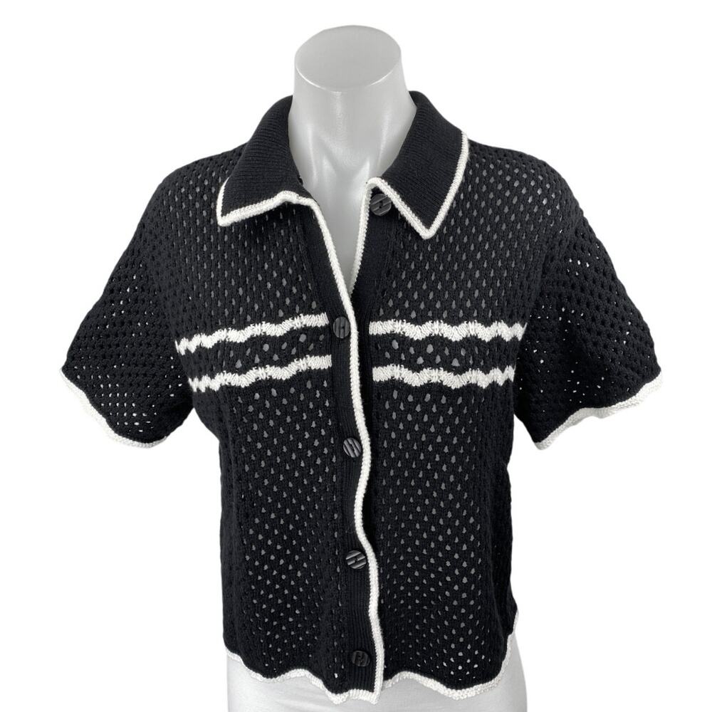 Abercrombie & Fitch Black Crochet Open Knit Short Sleeve Button Up Shirt Top S